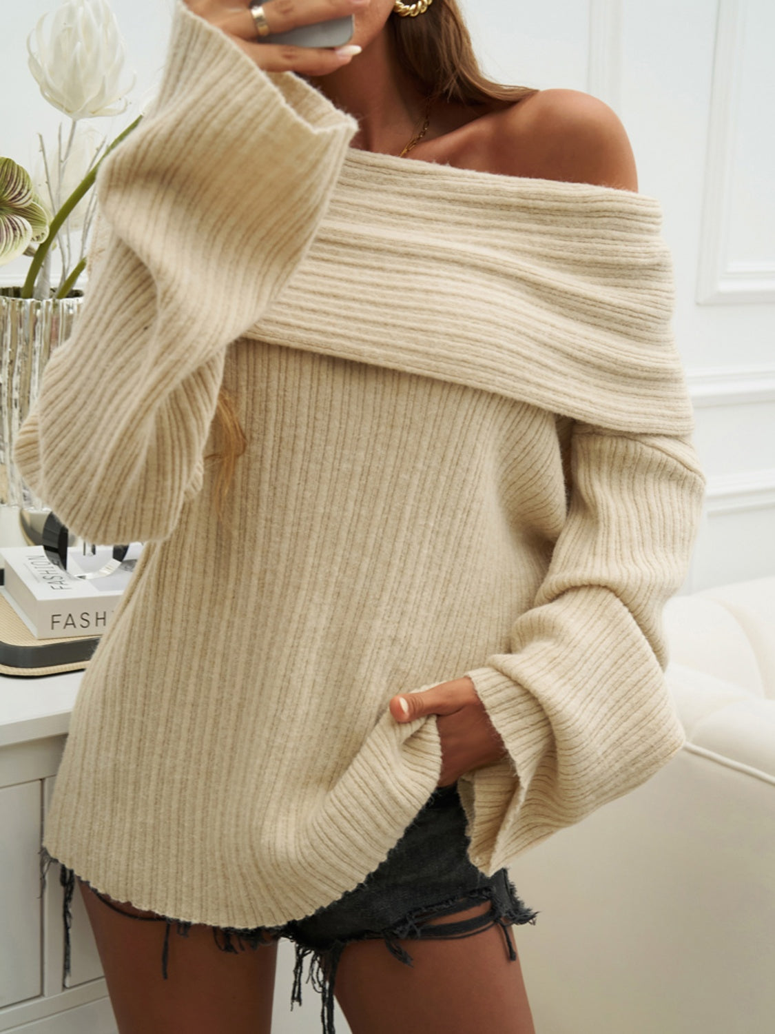 Devine Off-Shoulder Extra-Long Sleeve Sweater - The Goddess Galleries