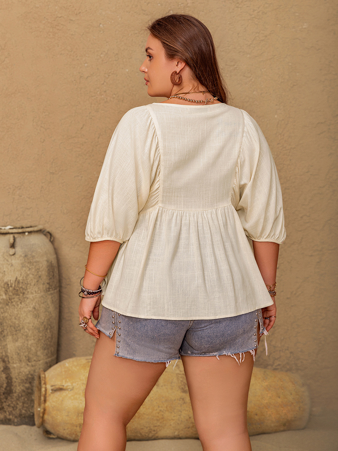 Plus Size Peplum V-Neck Half Sleeve Blouse - The Goddess Galleries