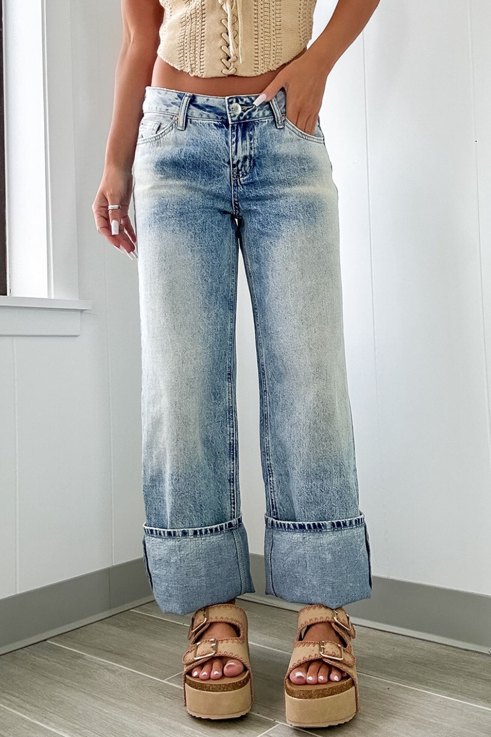 Washed Wide Leg Jeans with Pockets - The Goddess Galleries