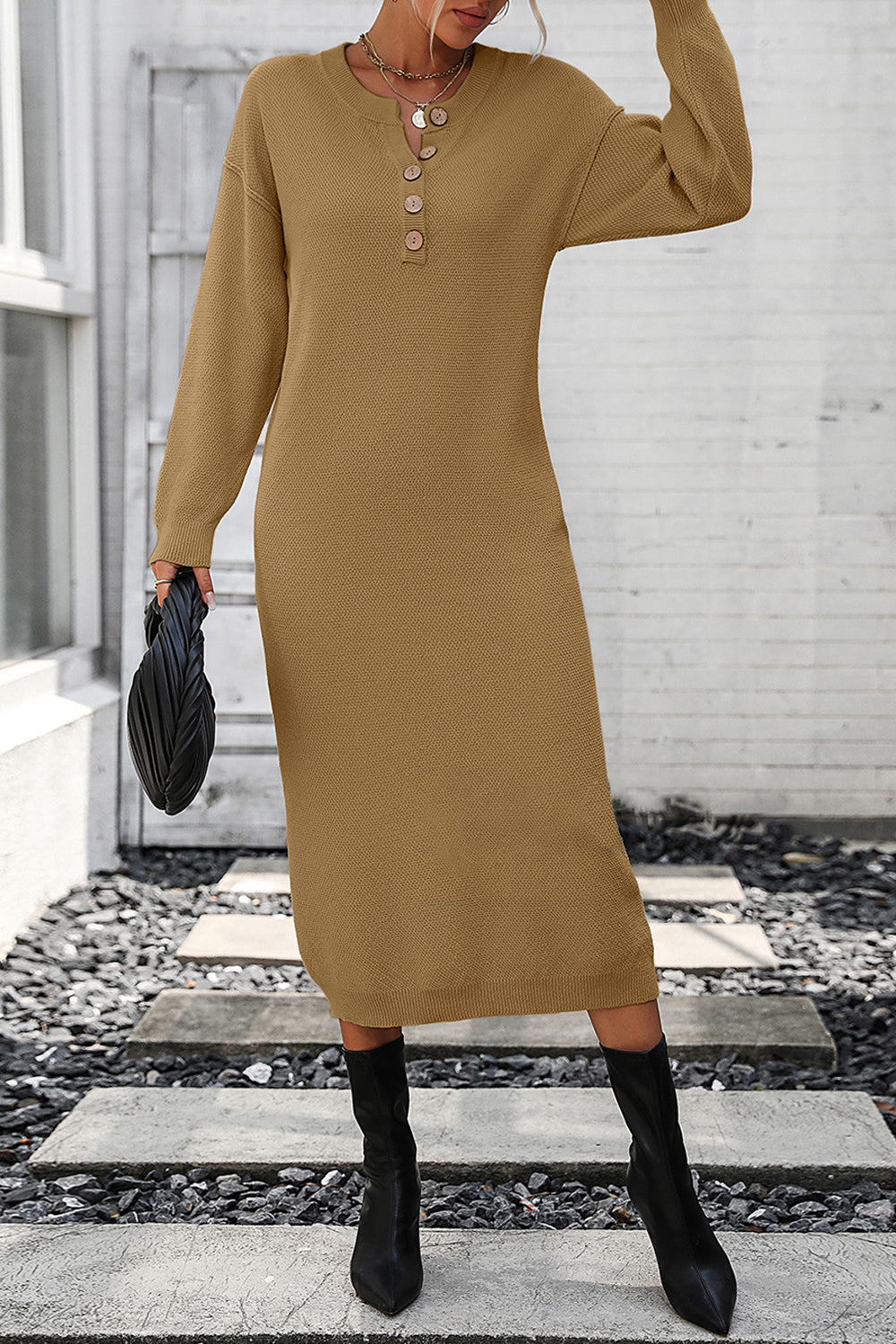 Decorative Button Notched Dropped Shoulder Sweater Dress - The Goddess Galleries