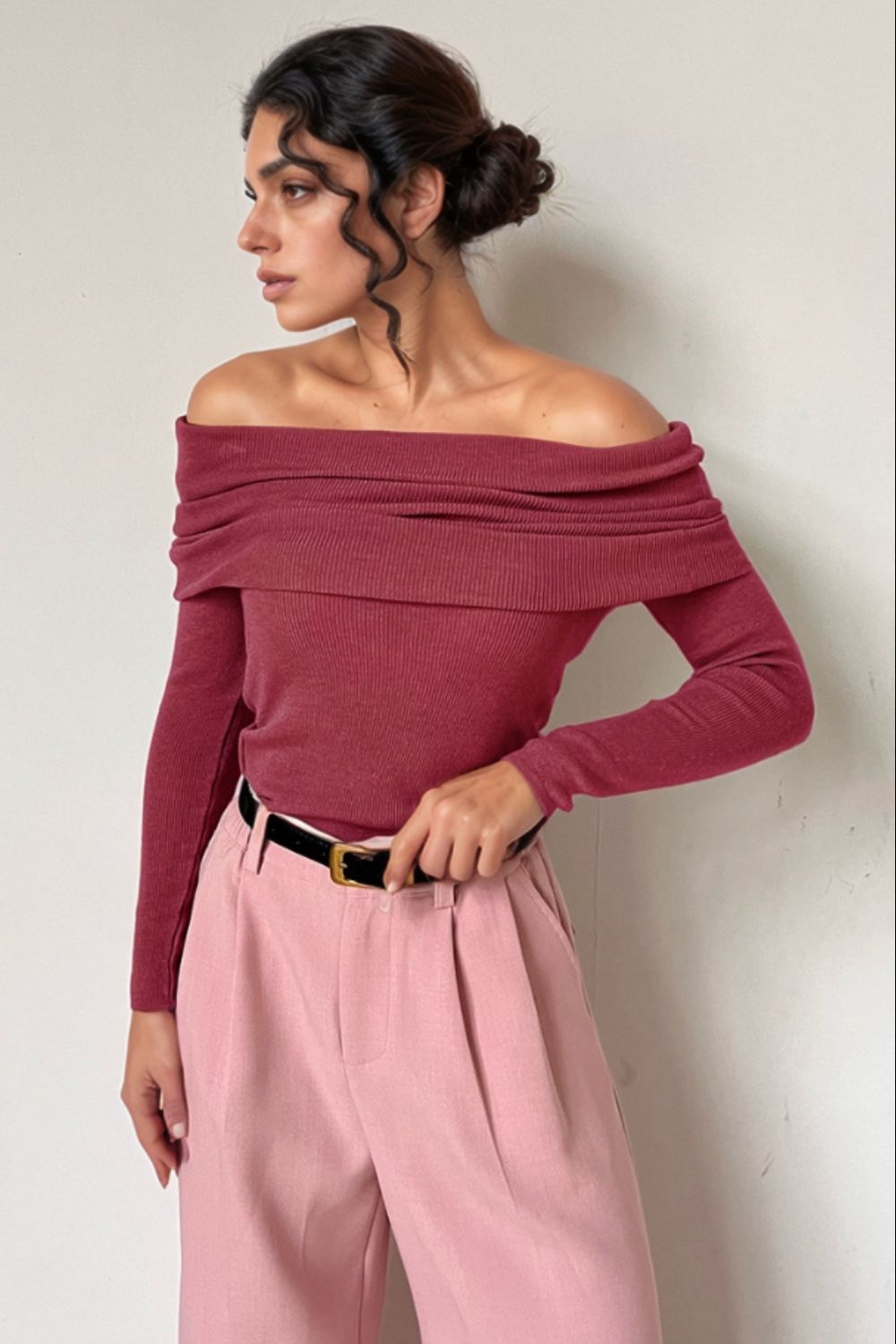 Off-Shoulder Long Sleeve Knit Top - The Goddess Galleries