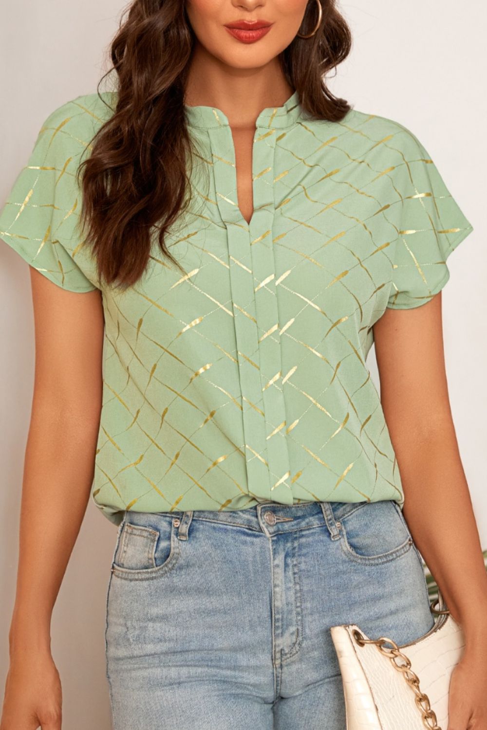 Printed Notched Short Sleeve Blouse - The Goddess Galleries