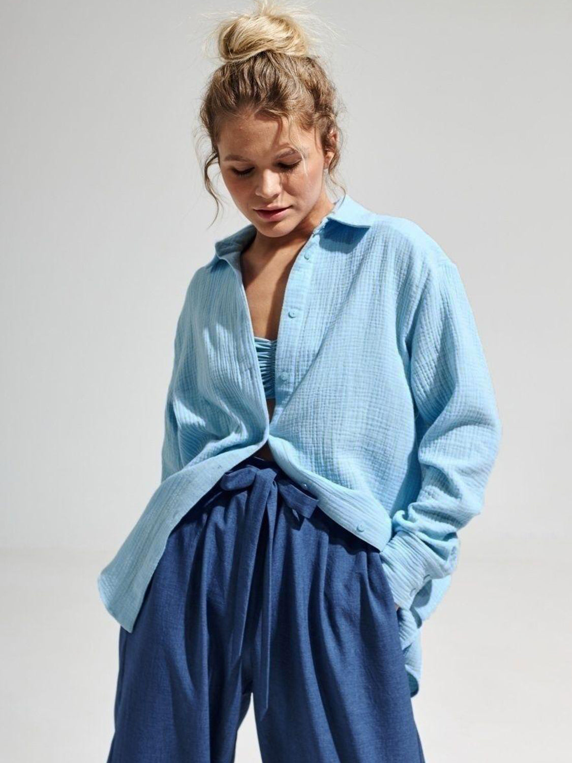 Textured Collared Neck Long Sleeve Shirt - The Goddess Galleries