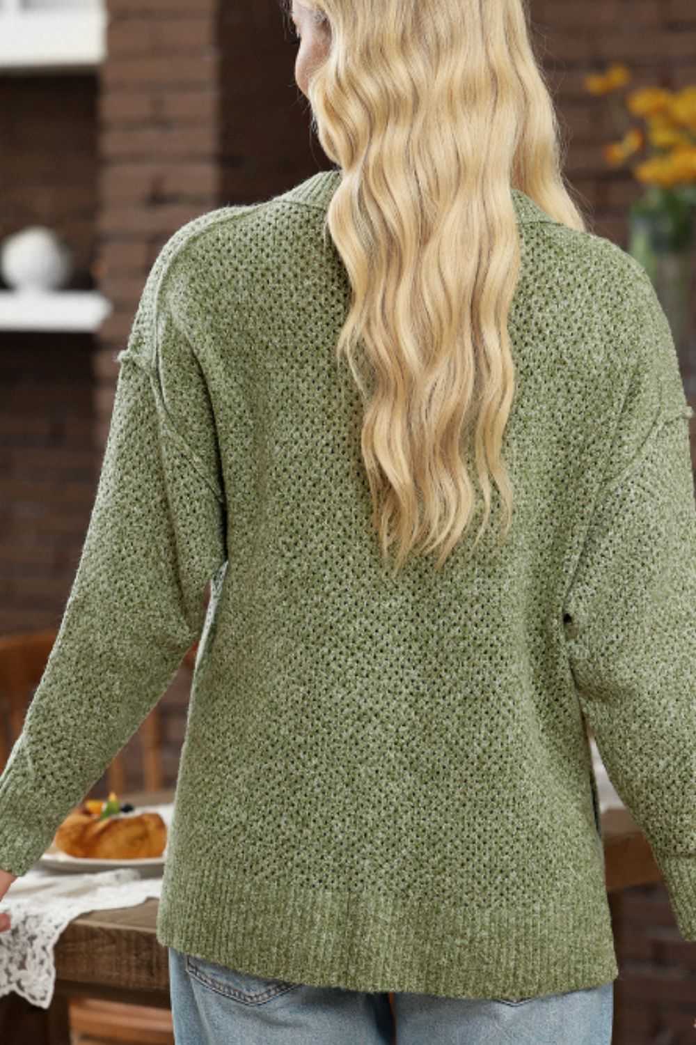V-Neck Dropped Shoulder Long Sleeve Sweater - The Goddess Galleries