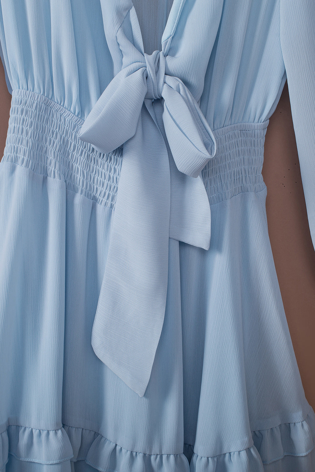Tied Plunge Smocked Waist Flounce Sleeve Dress - The Goddess Galleries