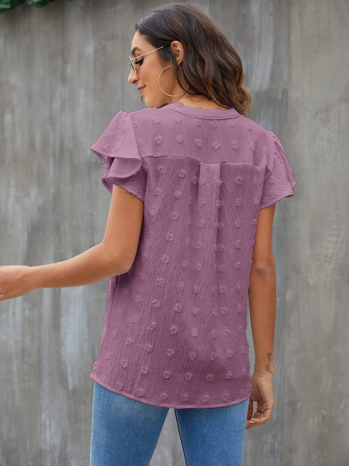Swiss Dot Notched Flutter Sleeve Blouse - The Goddess Galleries