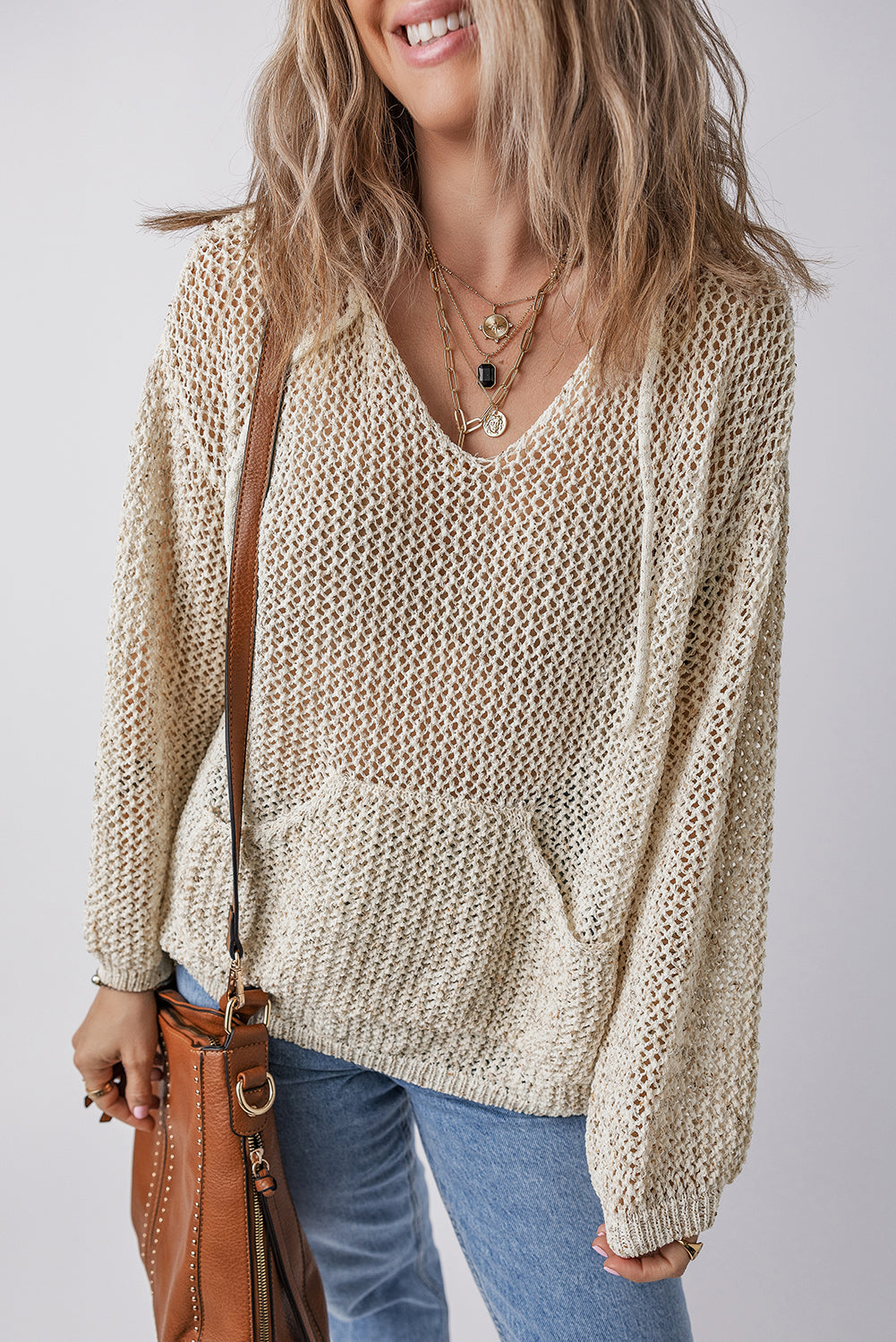 Openwork Dropped Shoulder Hooded Knit Top - The Goddess Galleries