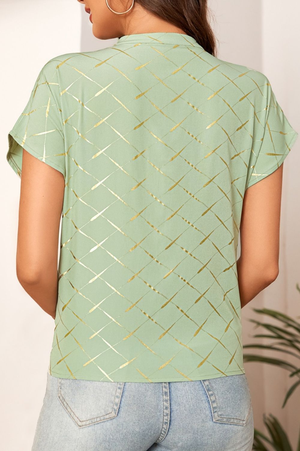Printed Notched Short Sleeve Blouse - The Goddess Galleries