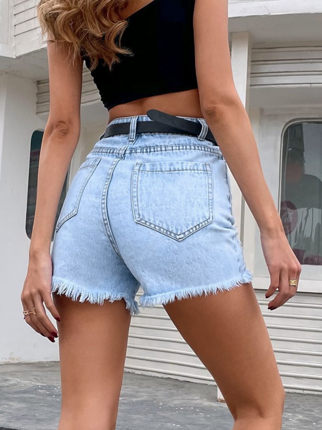 Distressed Raw Hem Denim Shorts - The Goddess Galleries