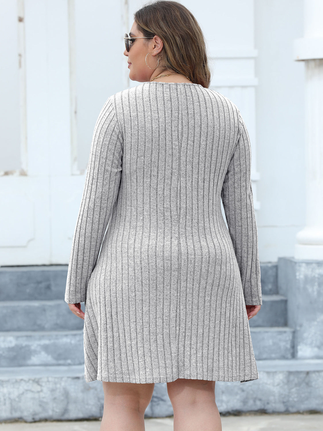 Plus Size Ribbed Buttoned V-Neck Long Sleeve Dress - The Goddess Galleries