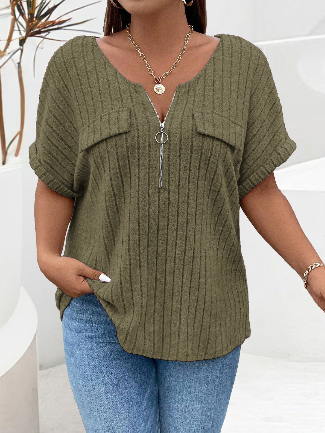 Plus Size Half Zip Short Sleeve T-Shirt - The Goddess Galleries