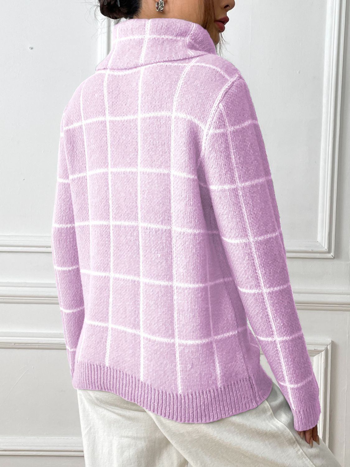 Plaid Turtleneck Long Sleeve Sweater - The Goddess Galleries