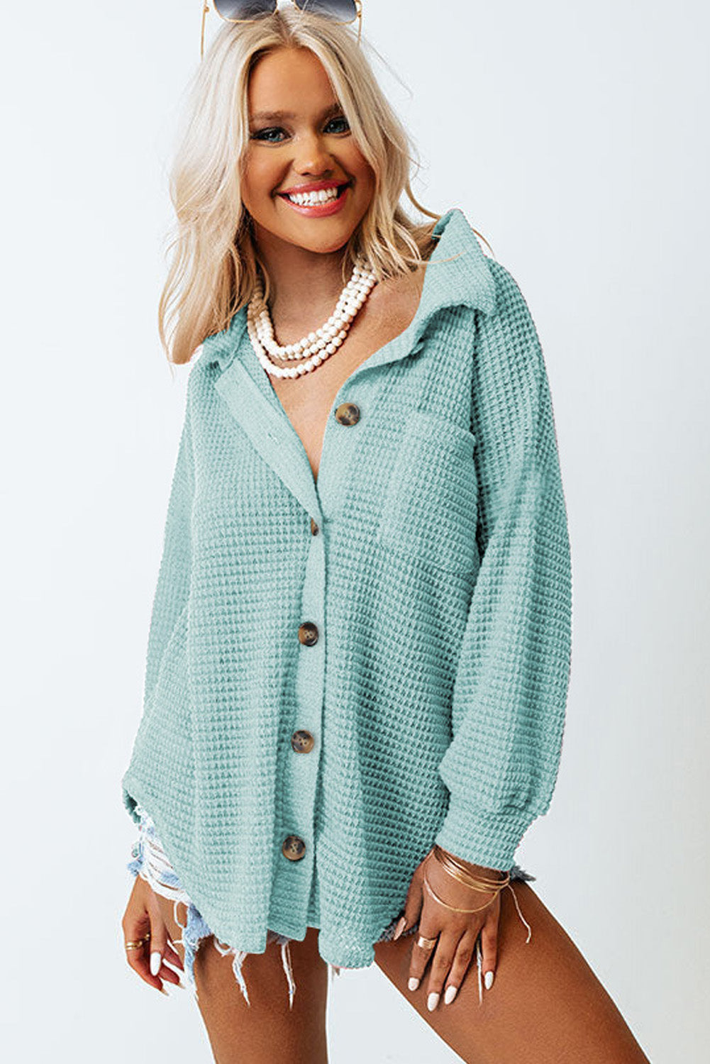 Waffle-Knit Collared Neck Long Sleeve Shirt - The Goddess Galleries