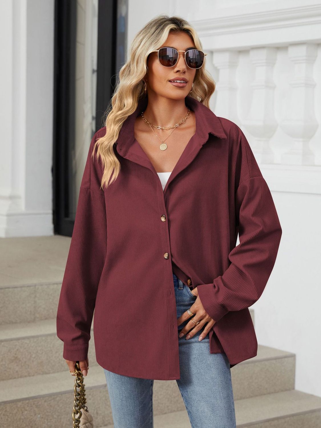 Collared Neck Long Sleeve Dropped Shoulder Shirt - The Goddess Galleries