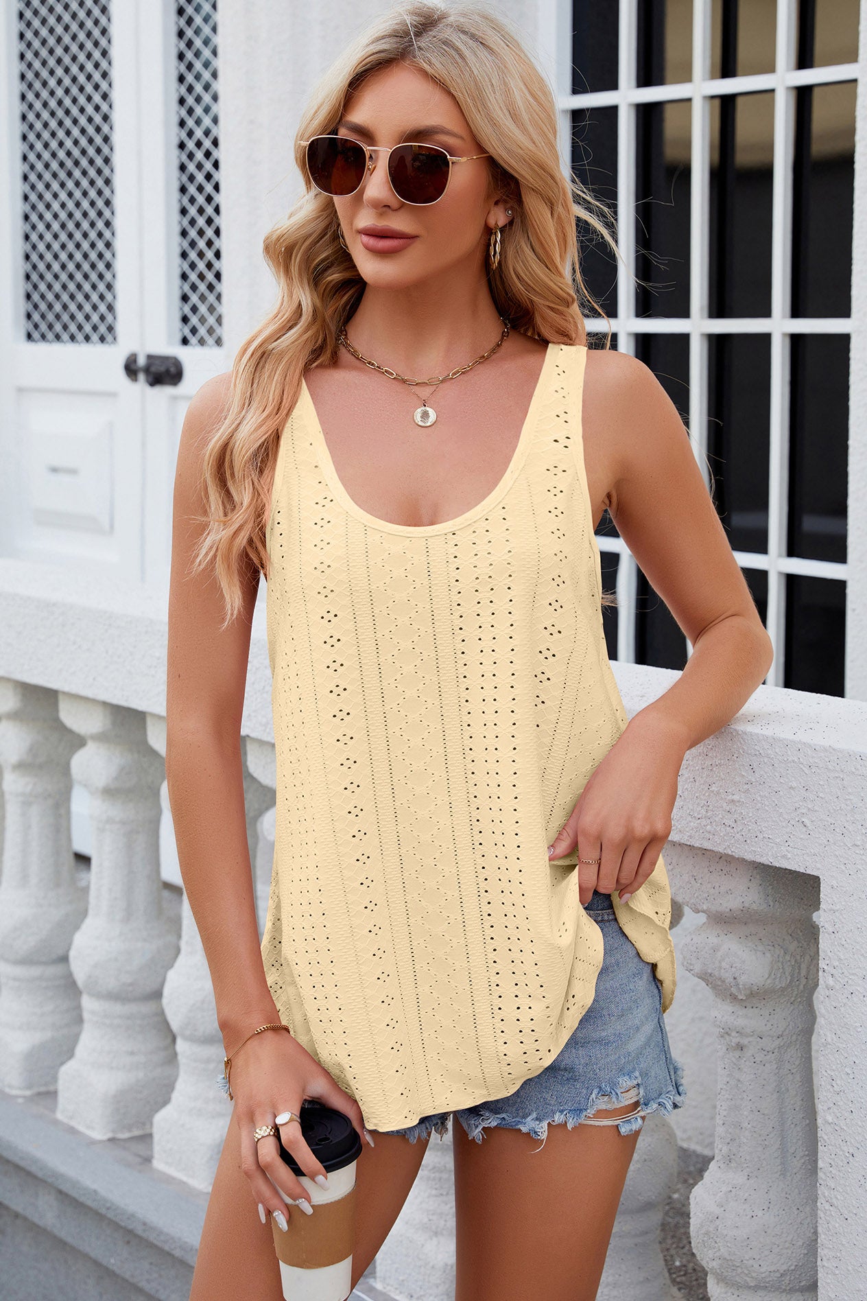 Eyelet Scoop Neck Wide Strap Tank - The Goddess Galleries