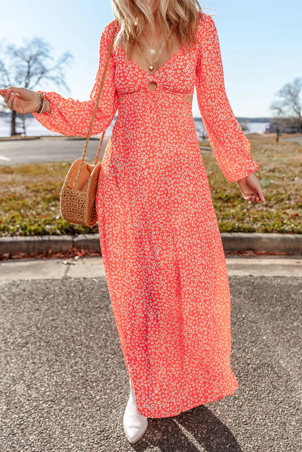 Printed V-Neck Long Sleeve Midi Dress - The Goddess Galleries