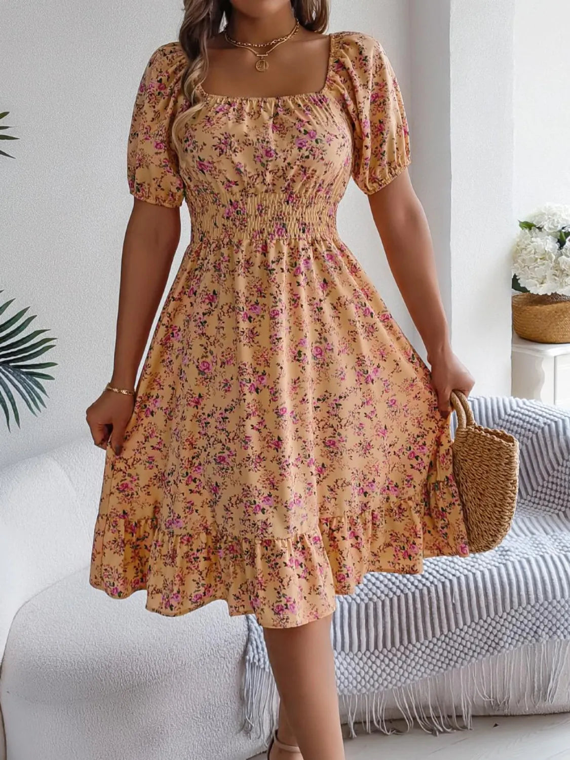 Ruffled Hem Floral Puff Sleeve Dress - The Goddess Galleries