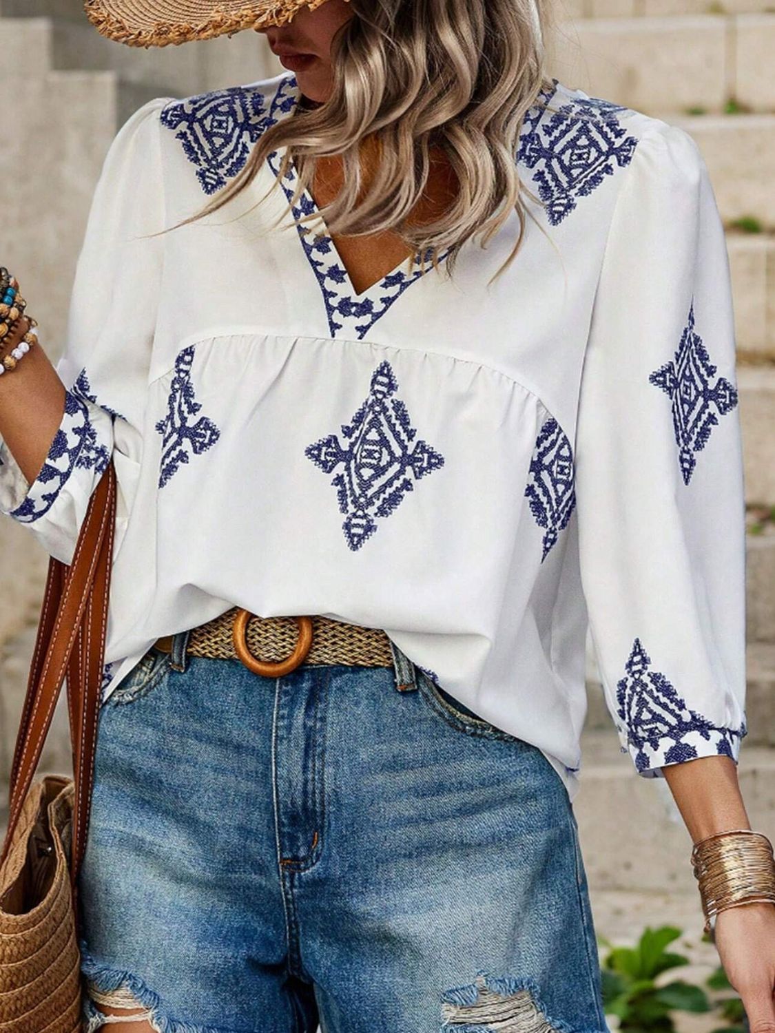Printed V-Neck Three-Quarter Sleeve Blouse - The Goddess Galleries