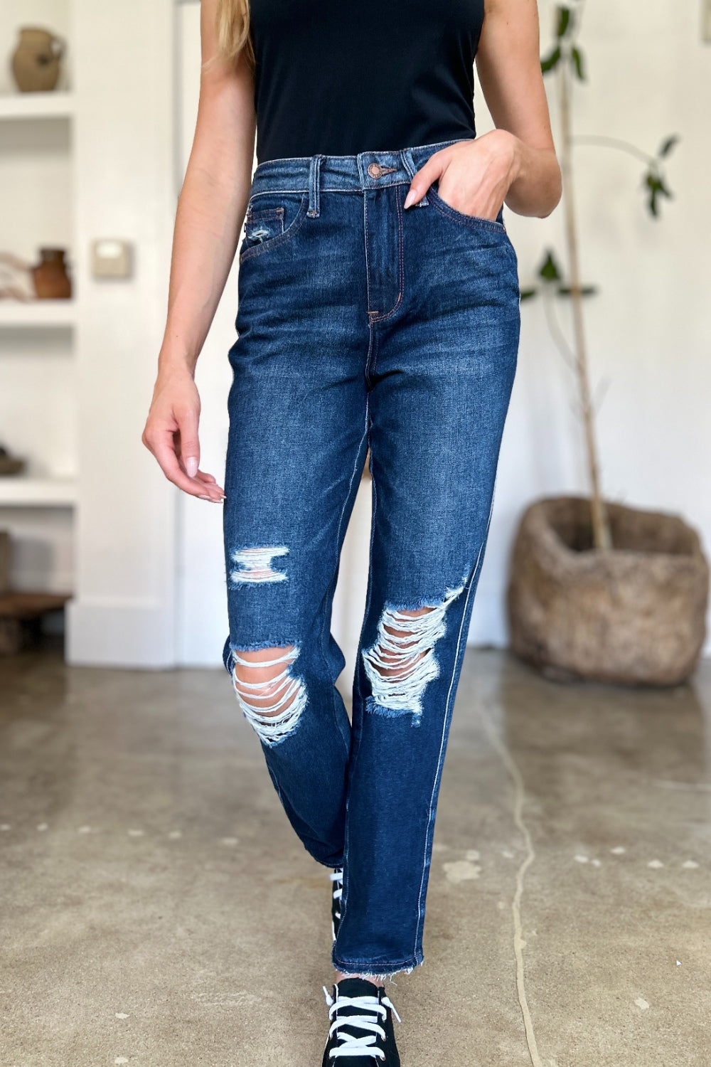Judy Blue Full Size High Waist Rigid Magic Heavy Destroy Straight Jeans - The Goddess Galleries