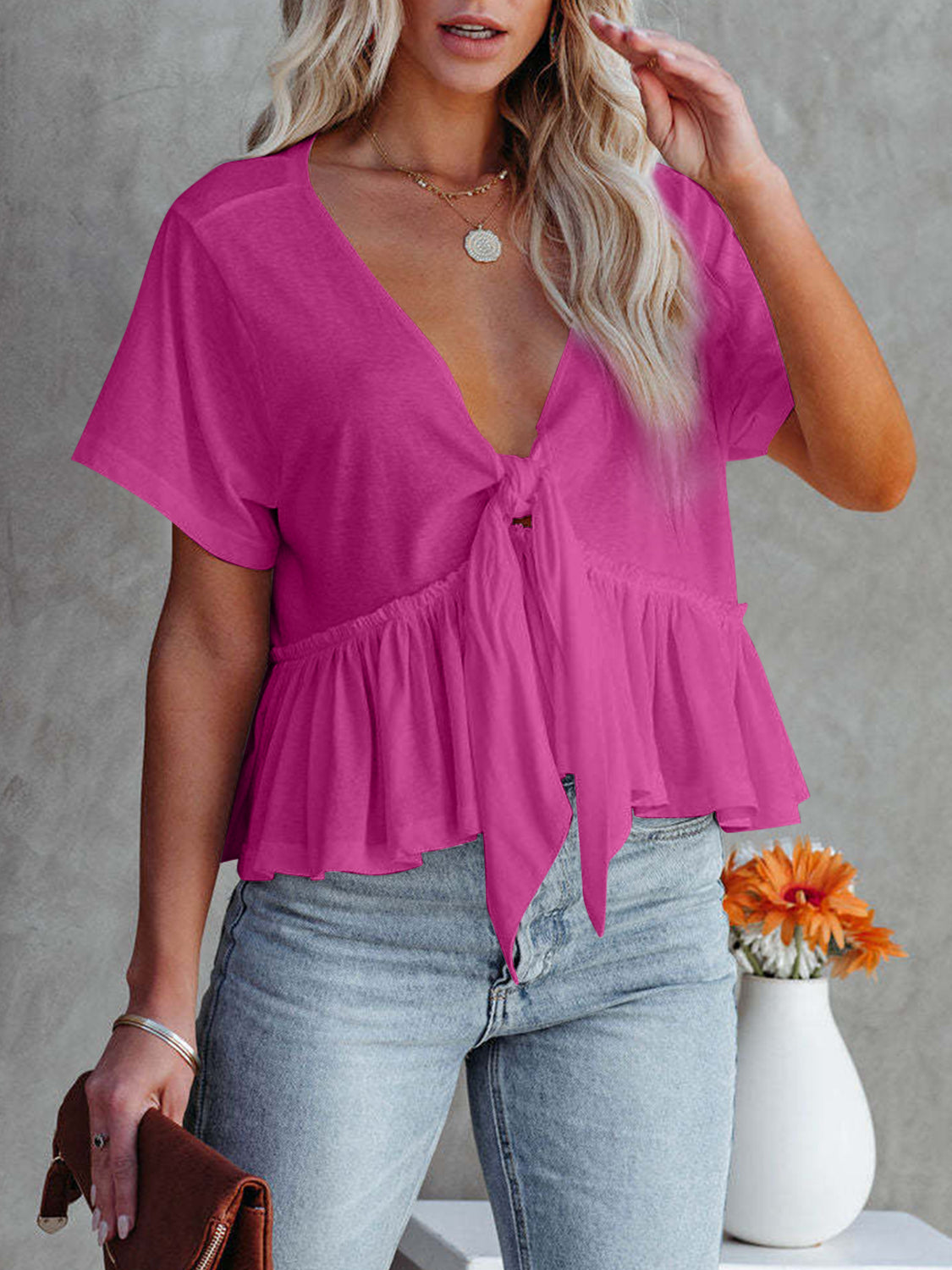 Tied Plunge Short Sleeve Blouse - The Goddess Galleries