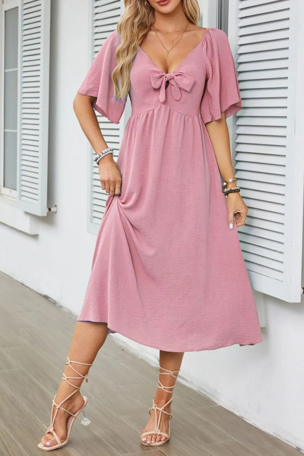 Smocked Tie Front Flutter Sleeve Midi Dress - The Goddess Galleries