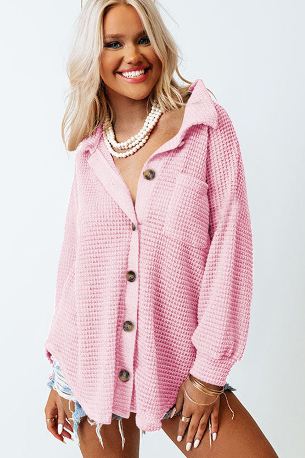 Waffle-Knit Collared Neck Long Sleeve Shirt - The Goddess Galleries