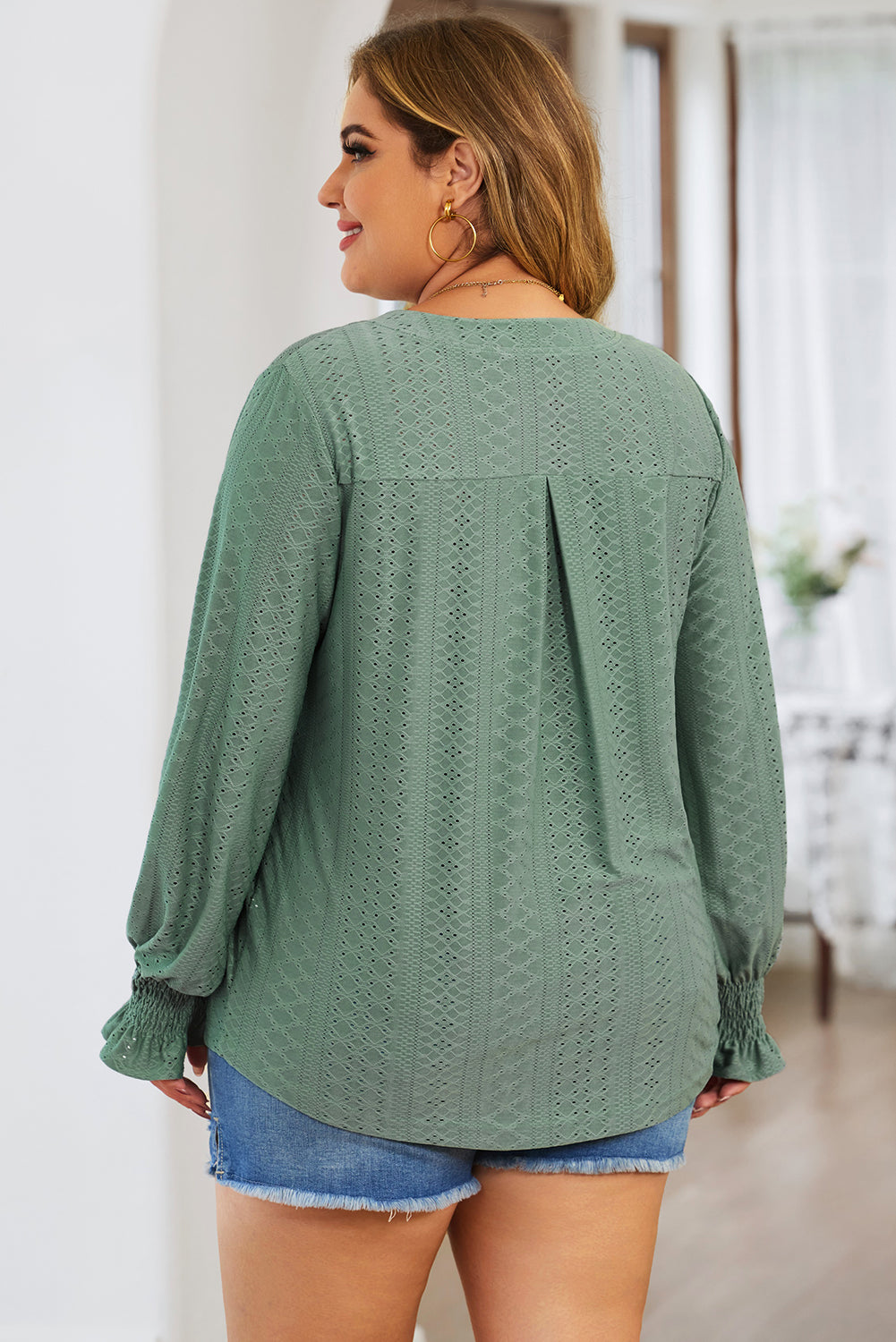 Plus Size Eyelet Notched Flounce Sleeve Blouse - The Goddess Galleries