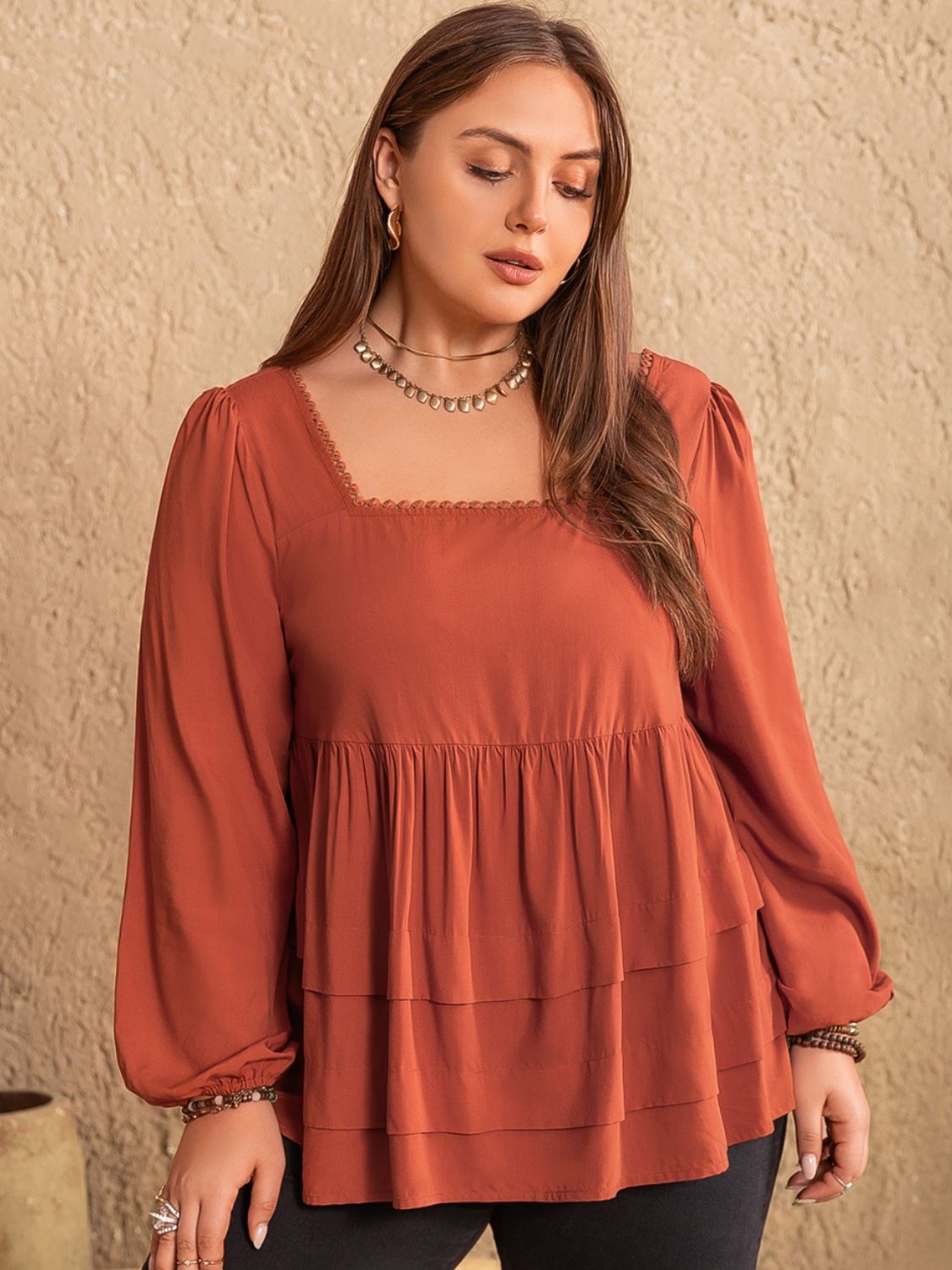 Plus Size Lace Detail Square Neck Long Sleeve Blouse - The Goddess Galleries