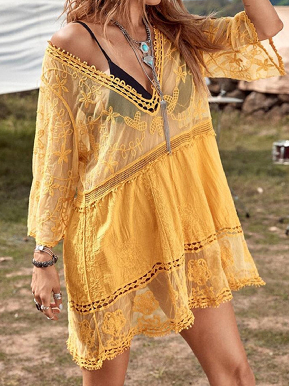 Lace Detail Plunge Cover-Up Dress - The Goddess Galleries