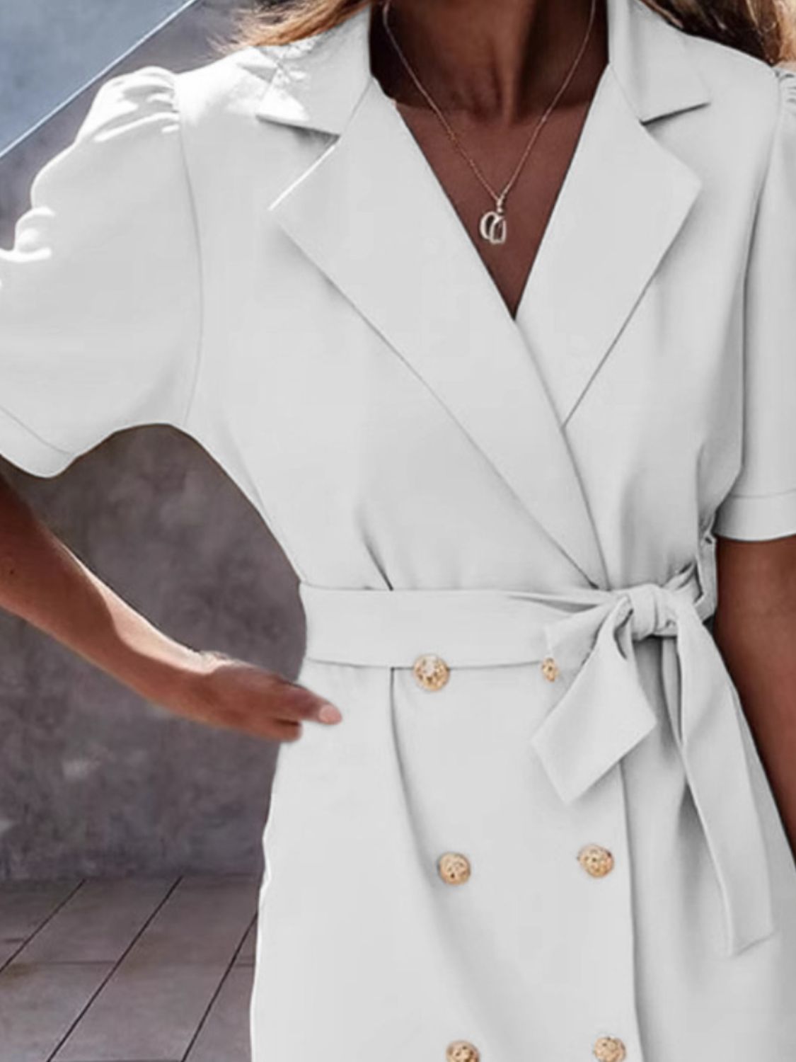 Lapel Collar Short Sleeve Tie Waist Mini Dress - The Goddess Galleries