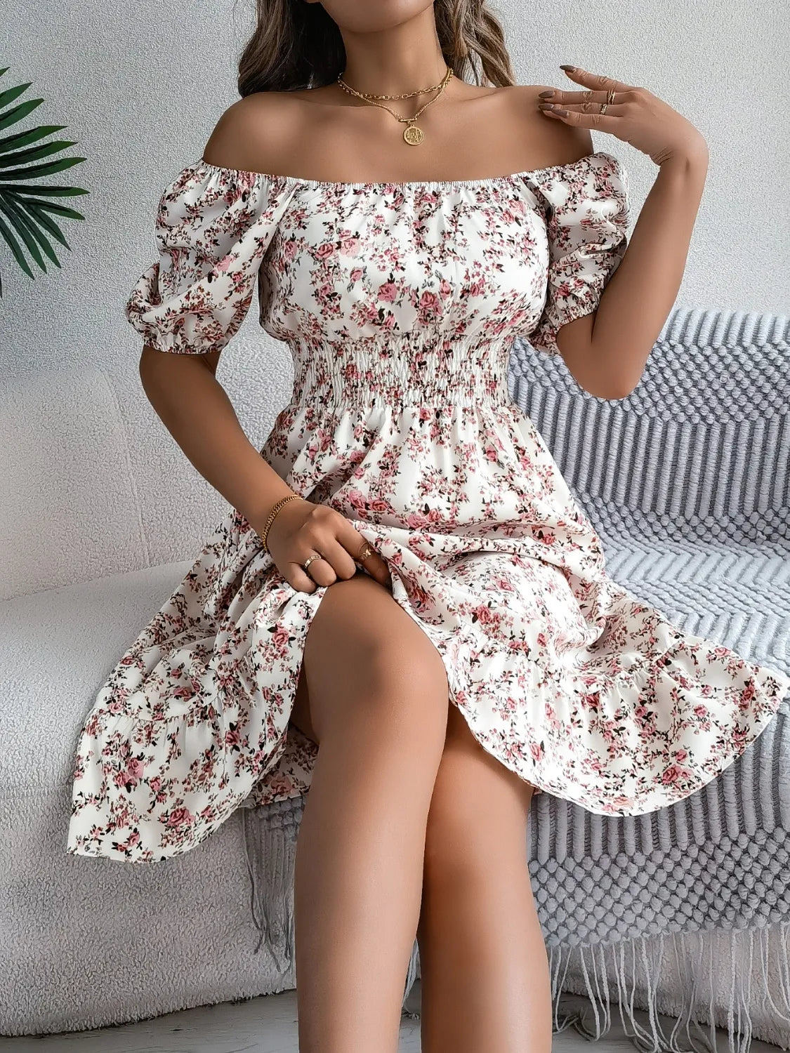 Ruffled Hem Floral Puff Sleeve Dress - The Goddess Galleries