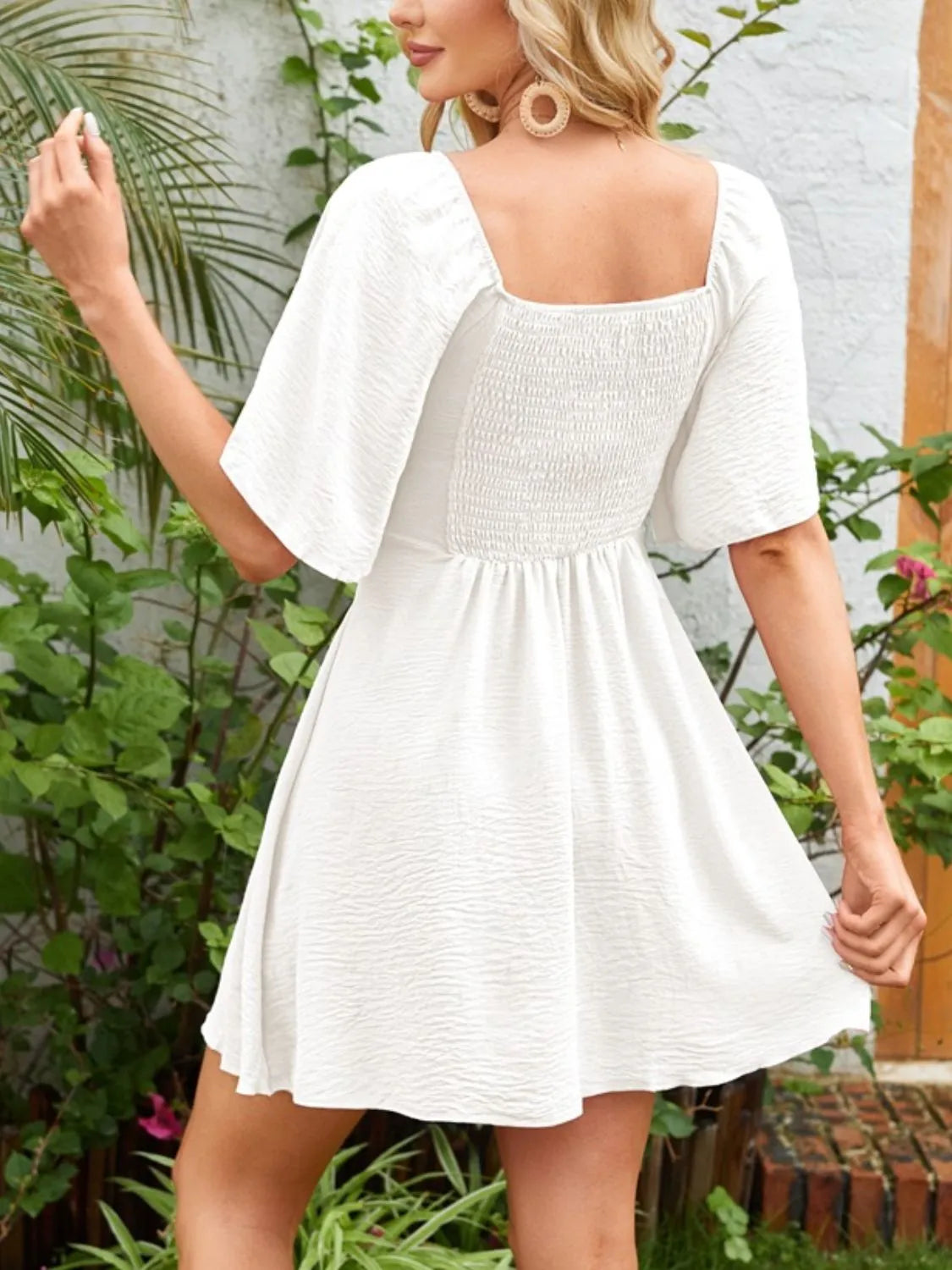 Smocked Back Knotted Flutter Sleeve Dress - The Goddess Galleries