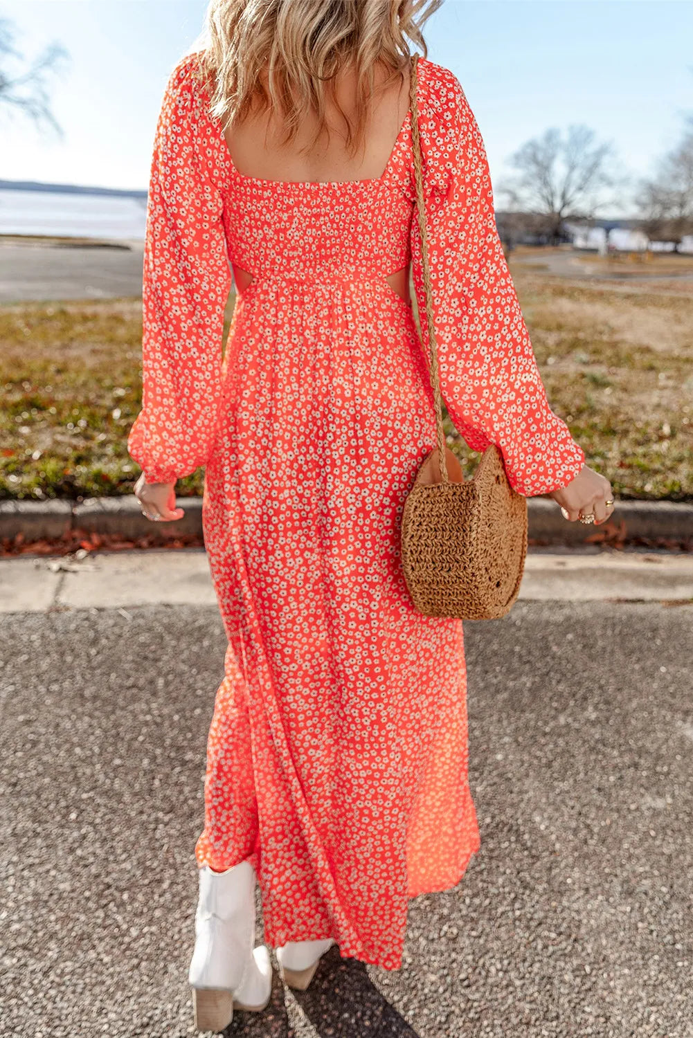 Printed V-Neck Long Sleeve Midi Dress - The Goddess Galleries