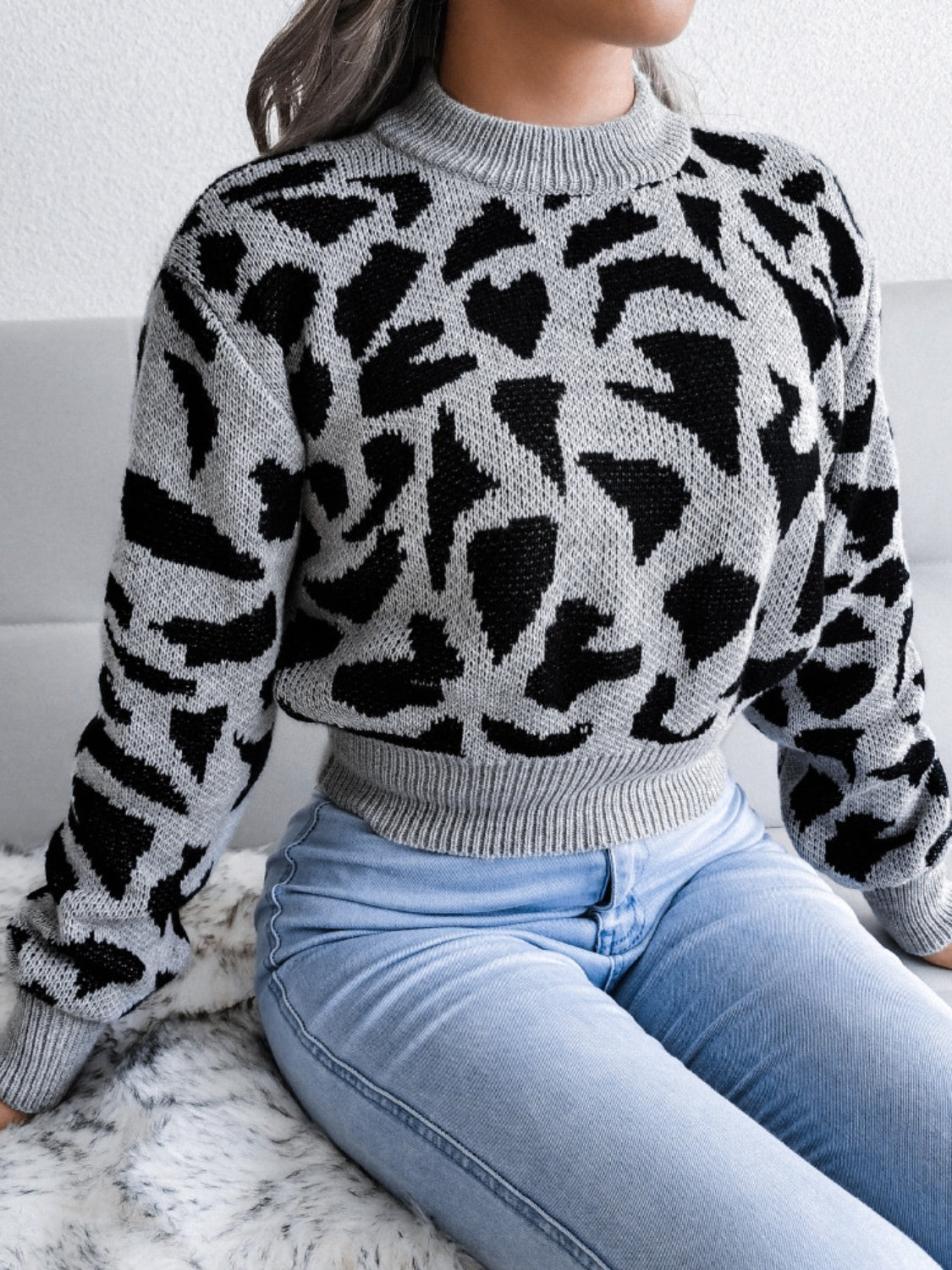 Leopard Round Neck Dropped Shoulder Sweater - The Goddess Galleries