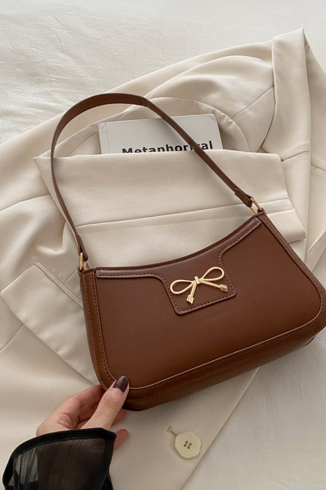 Bow Trim PU Leather Shoulder Bag - The Goddess Galleries