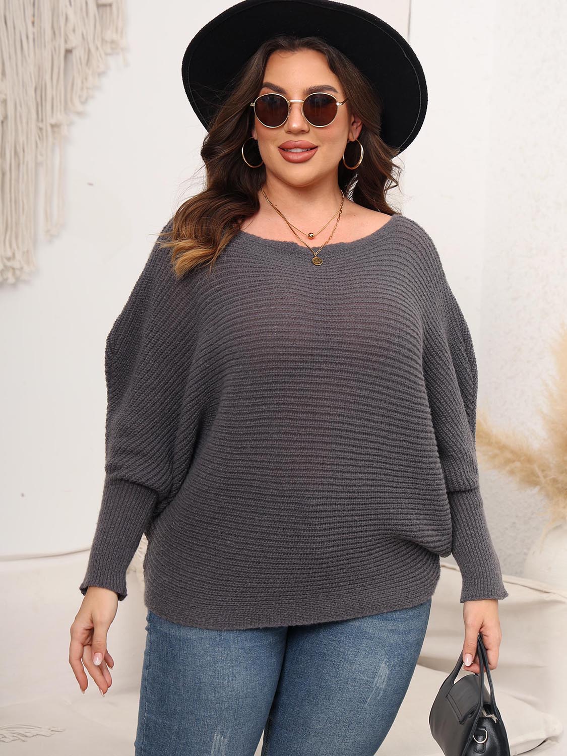 Full Size Boat Neck Batwing Sleeve Sweater - The Goddess Galleries