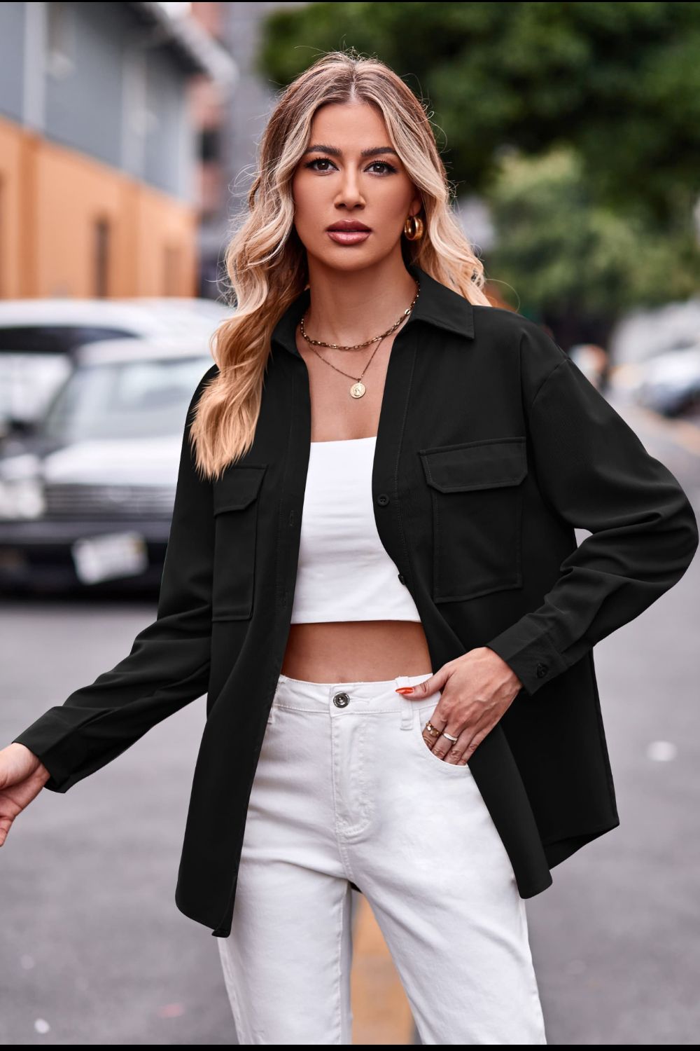 Dropped Shoulder Longline Shirt with Pockets - The Goddess Galleries