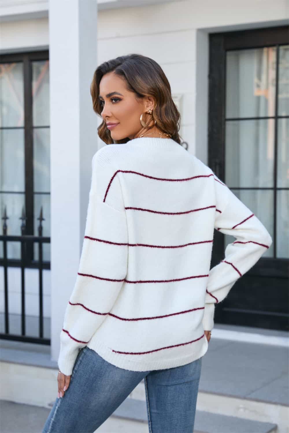 Angel Wings Striped Round Neck Long Sleeve Sweater - The Goddess Galleries