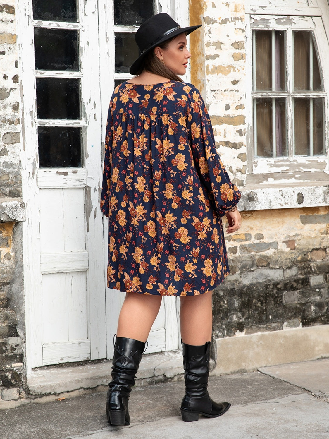 Plus Size Floral V-Neck Balloon Sleeve Dress - The Goddess Galleries