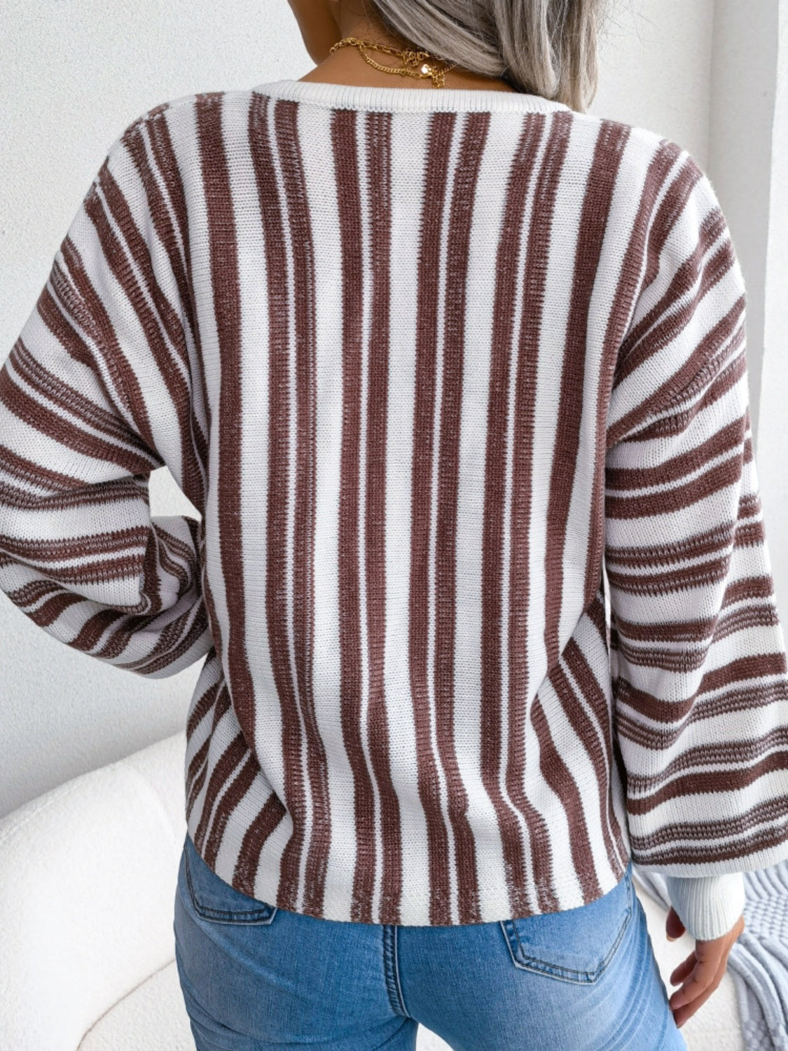 Striped Lace-Up Long Sleeve Sweater - The Goddess Galleries