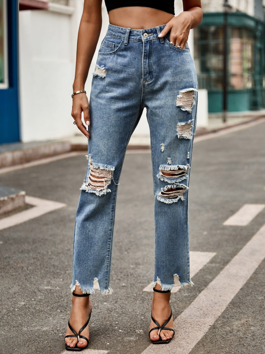 Distressed Raw Hem Jeans with Pockets - The Goddess Galleries
