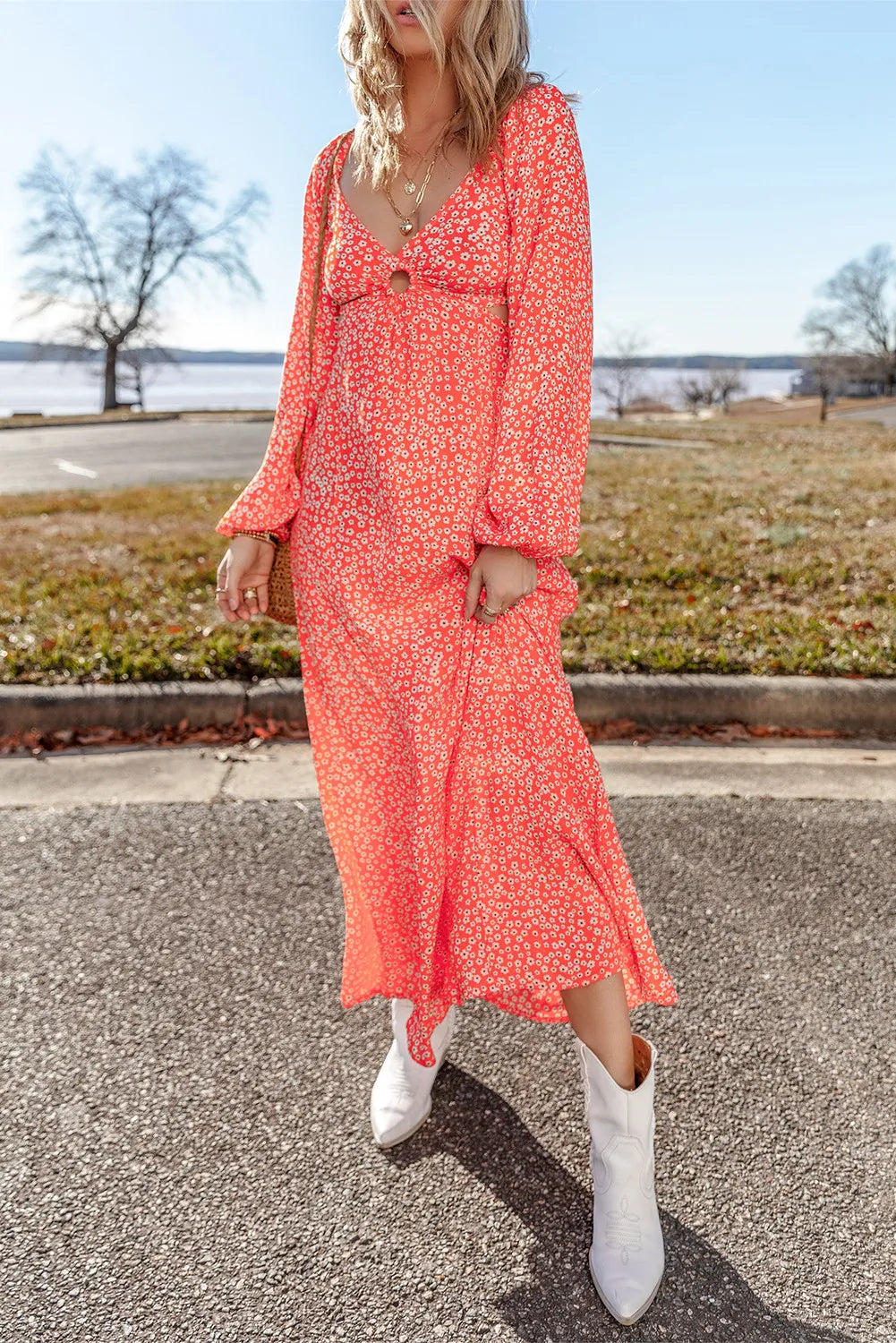 Printed V-Neck Long Sleeve Midi Dress - The Goddess Galleries