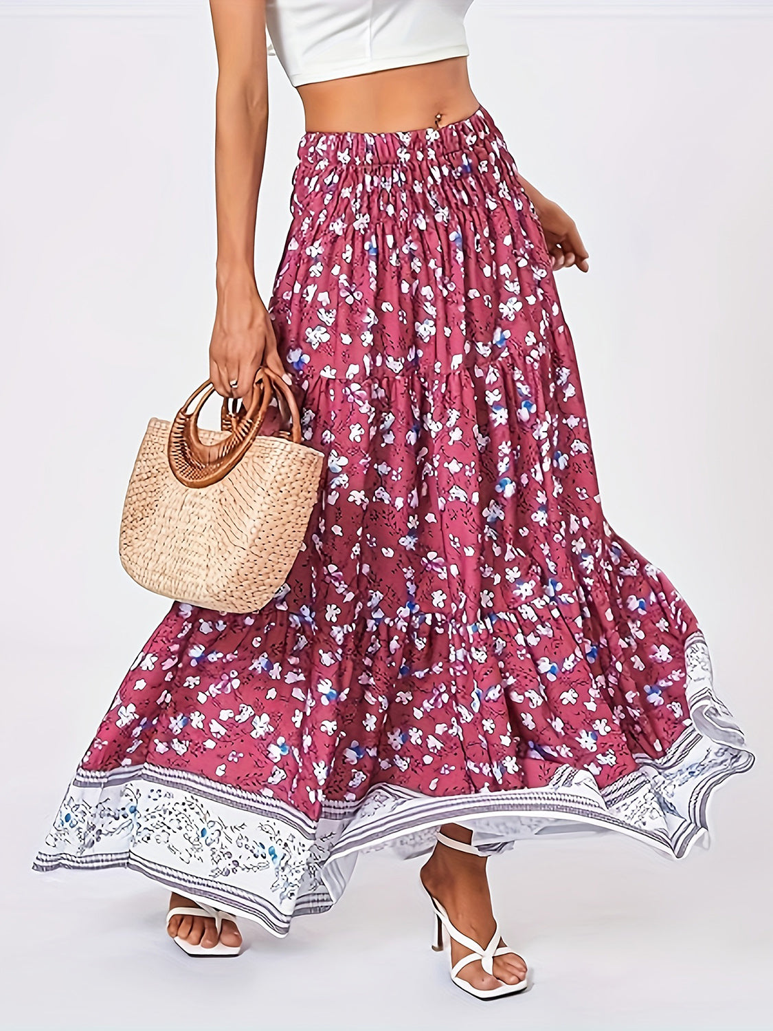 Full Size Tiered Printed Elastic Waist Skirt - The Goddess Galleries