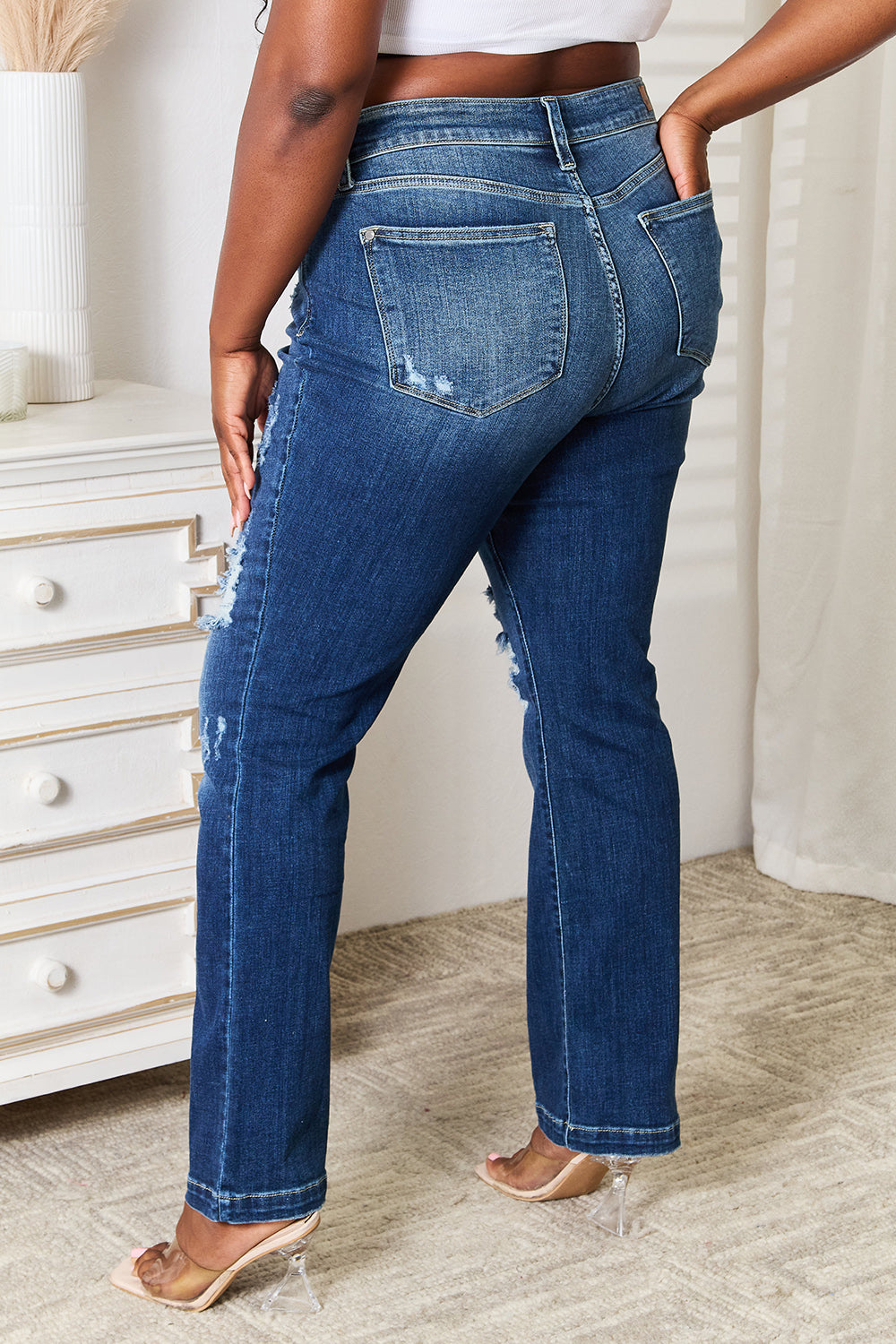 Judy Blue Full Size Mid Rise Hand Sand & Destroy Bootcut Jeans - The Goddess Galleries