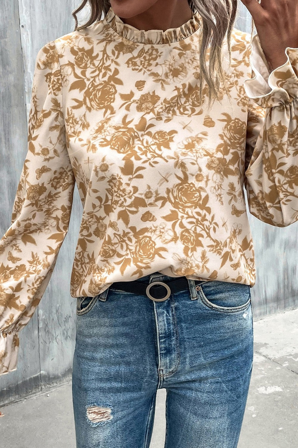 Floral Print Mock Neck Flounce Sleeve Blouse - The Goddess Galleries