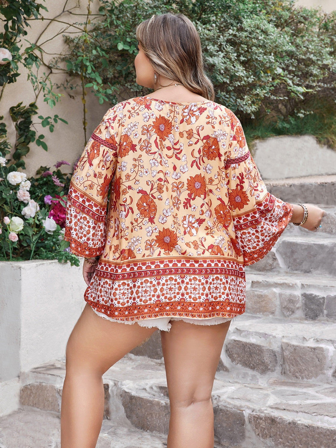 Plus Size Printed V-Neck Three-Quarter Sleeve Blouse - The Goddess Galleries