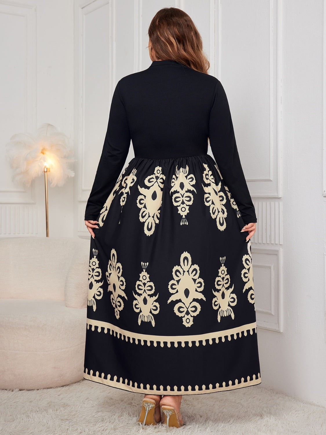 Honey Plus Size Printed Mock Neck Long Sleeve Dress - The Goddess Galleries
