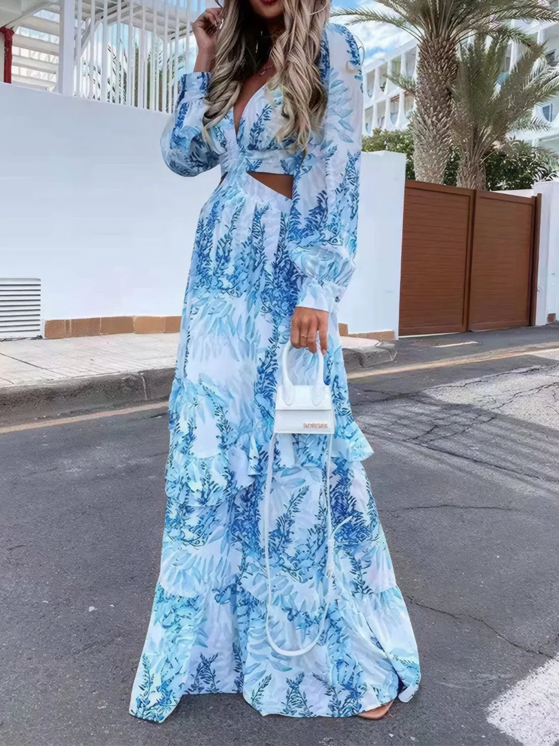 Ruffled Printed Cutout Plunge Maxi Dress - The Goddess Galleries