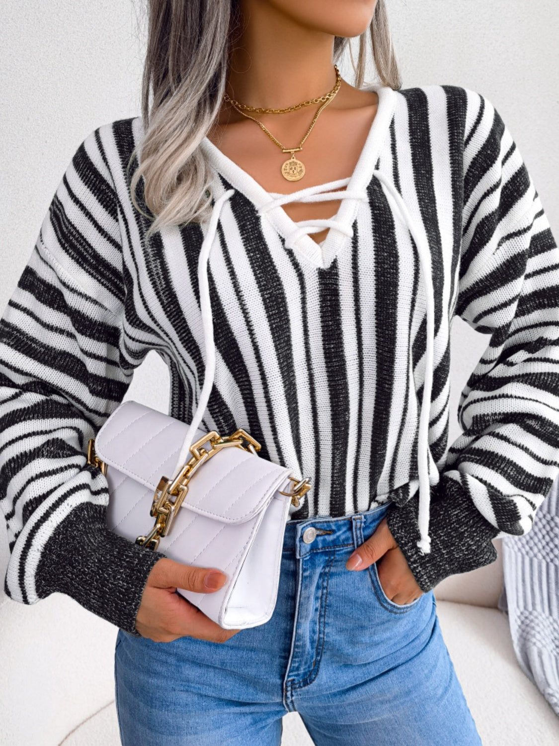 Striped Lace-Up Long Sleeve Sweater - The Goddess Galleries