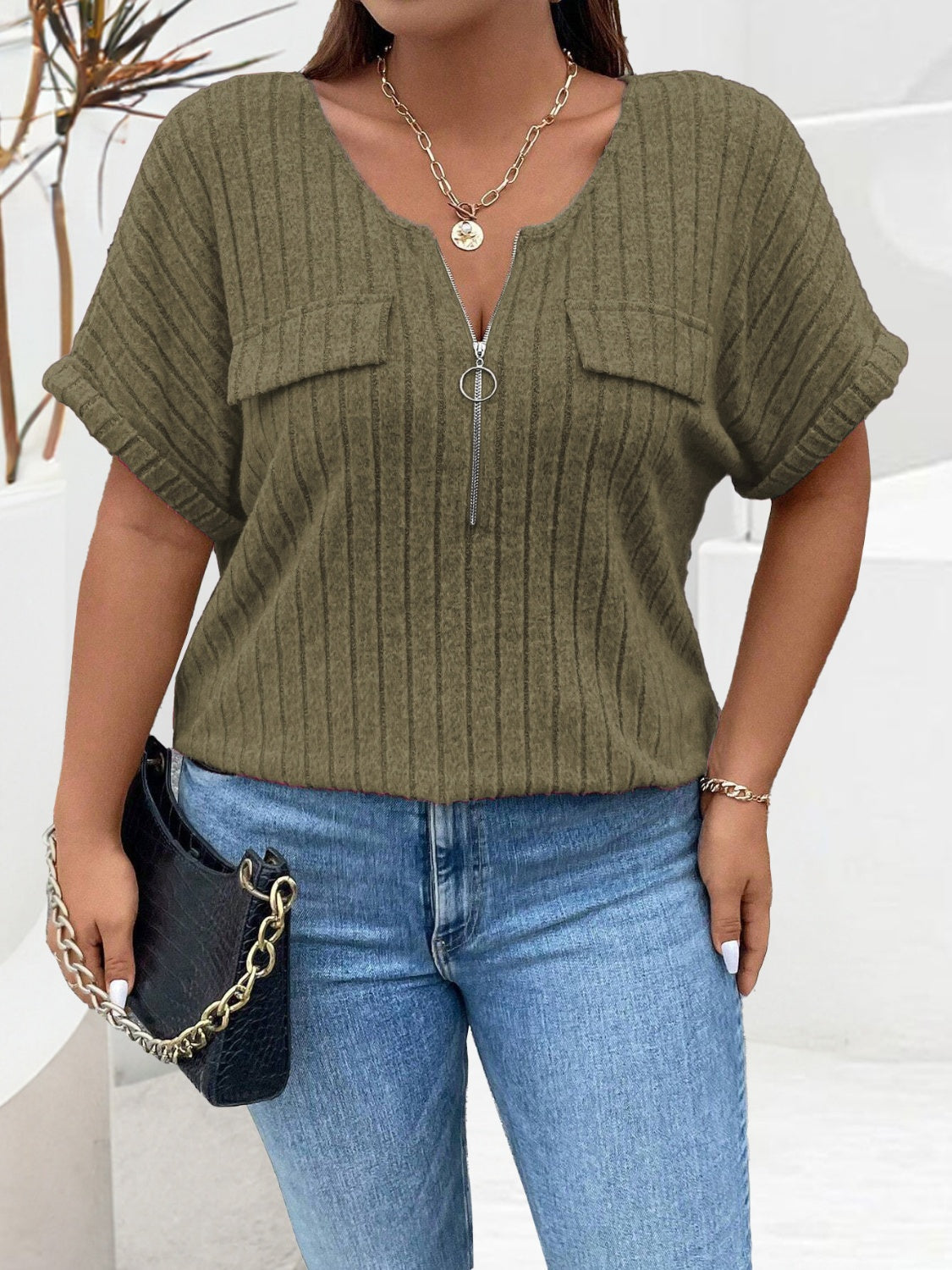 Plus Size Half Zip Short Sleeve T-Shirt - The Goddess Galleries